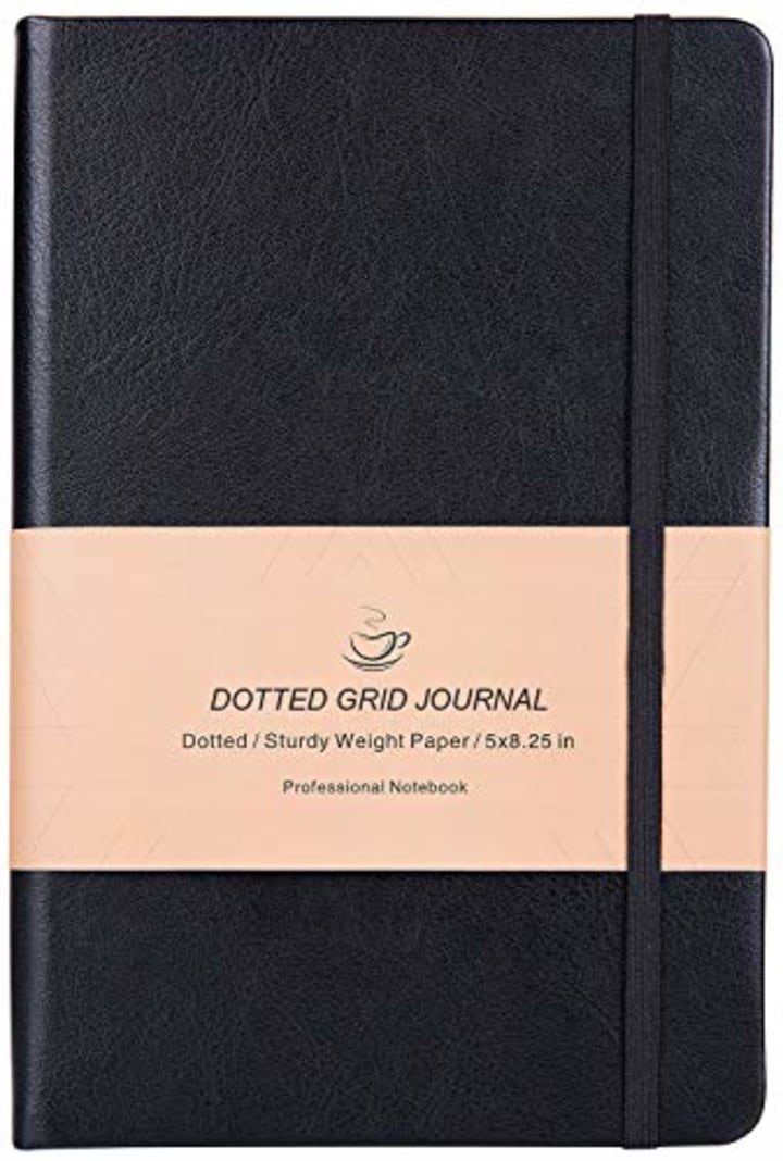 Dotted Grid Notebook/Journal - Dot Grid Hard Cover Notebook, Premium Thick Paper with Fine Inner Pocket, Black Smooth Faux Leather, 5&#039;&#039;x8.25&#039;&#039;