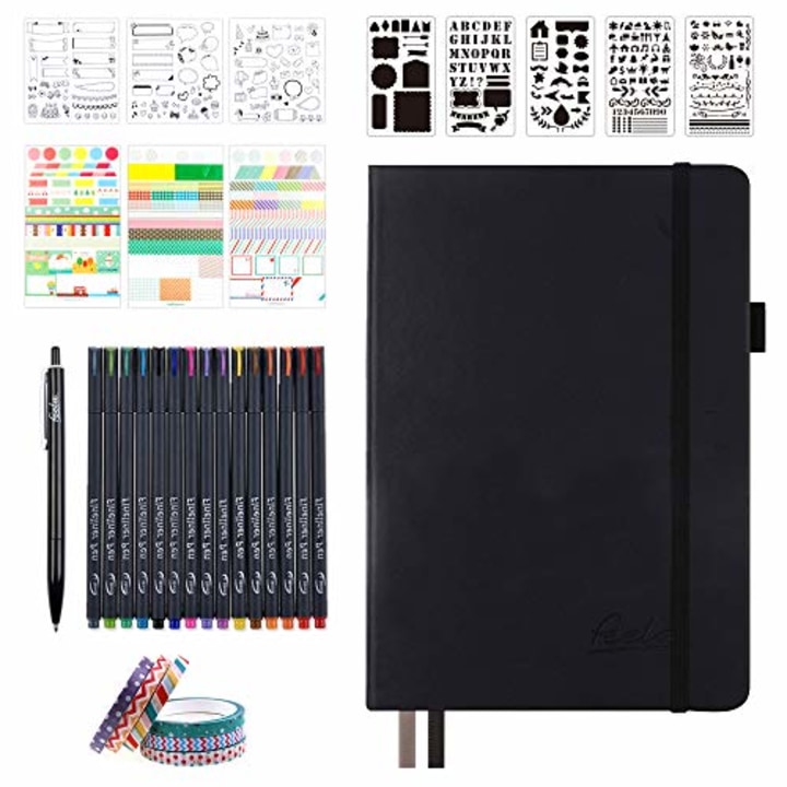 Bullet Dotted Journal Kit, Feela A5 Dotted Bullet Grid Journal Set with 224 Pages Black Notebook, Fineliner Colored Pens, Stencils, Stickers, Washi Tape, Black Pen for Diary Schedule Planner Draw