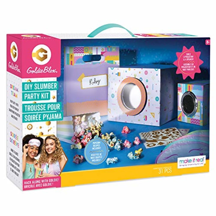Make It Real GoldieBlox - DIY Slumber Party Movie Night STEM Toy Sleepover Craft Kit to Make Movie Projector - Includes Smartphone Projector, Popcorn Cups, Sleep Mask