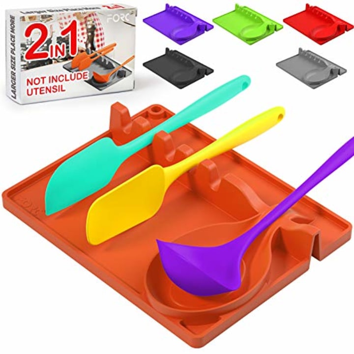 Forc Silicone Spoon Rest 2 in 1 Larger Size Silicone Spoon Holder for Stove Top, Upgraded Utensil Rest with Drip Pad Include 5 Slots &amp; 1 Spoon Holder, Easy to Clean, Hang Hole Design, Orange