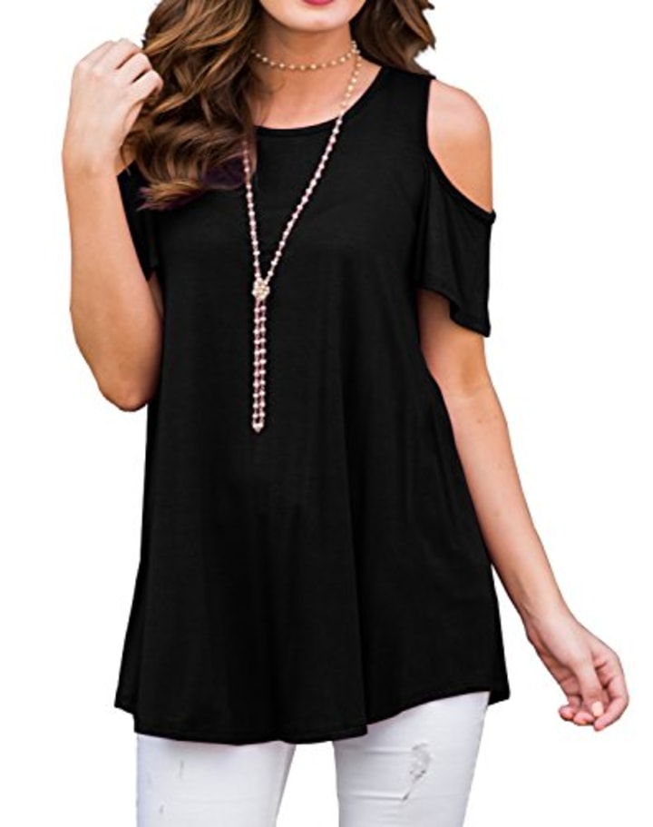 PrinStory Women&#039;s Short Sleeve Casual Cold Shoulder Tunic