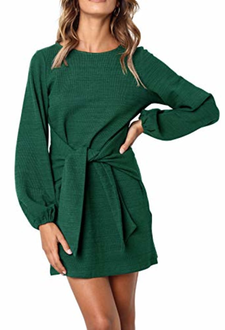 R.Vivimos Women&#039;s Autumn Winter Cotton Long Sleeves Elegant Knitted Bodycon Tie Waist Sweater Pencil Dress (Large, Green)