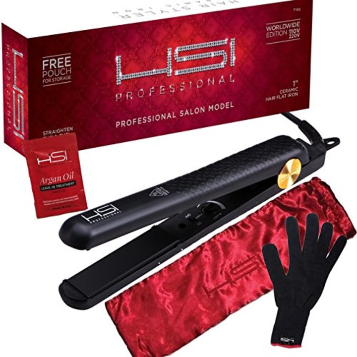 HSI Professional Glider | Ceramic Tourmaline Ionic Flat Iron Hair Straightener | Straightens &amp; Curls with Adjustable Temp | Incl Glove, Pouch, &amp; Travel Size Argan Oil Hair Treatment | Packaging Varies