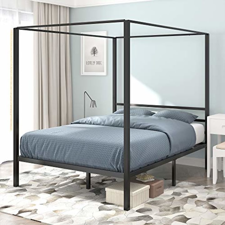 YITAHOME Canopy Bed Frame Metal Four Posters 14 Inch Platform with Built-in Headboard Strong Metal Slat Mattress Support, No Box Spring Needed, Black, Queen Size