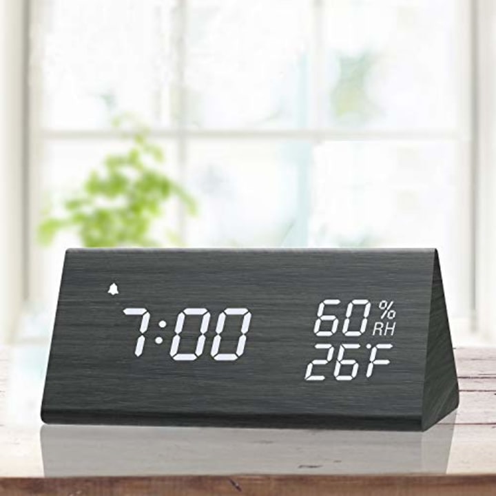 Digital Alarm Clock, with Wooden Electronic LED Time Display, 3 Alarm Settings, Humidity &amp; Temperature Detect, Wood Made Electric Clocks for Bedroom, Bedside, Black
