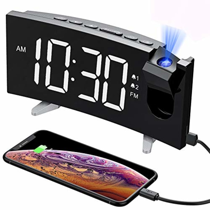 PICTEK Projection Digital Clock Radio for Bedrooms Ceiling with USB Phone Charger, 5&#039;&#039; Large Curved LED Display, 6 Dimmer, Dual Alarms with 4 Sounds, Snooze, 1.white