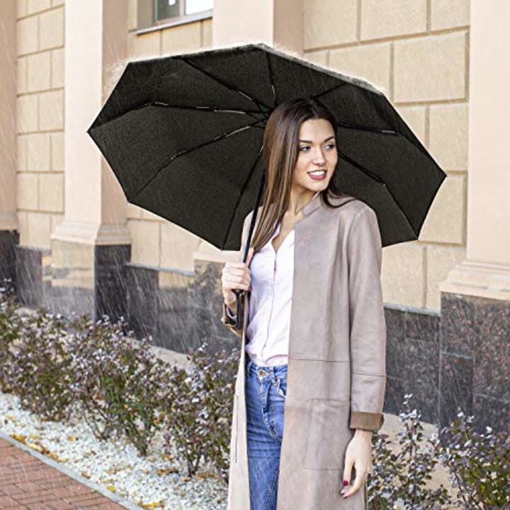 Rain-Mate Compact Travel Umbrella - Windproof, Reinforced Canopy, Ergonomic Handle, Auto Open/Close (Black)