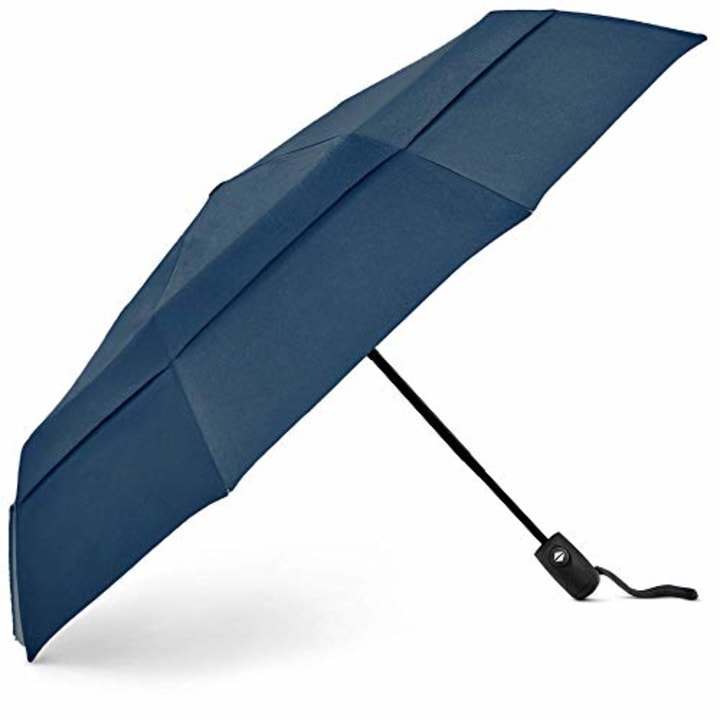 EEZ-Y Compact Travel Umbrella w Windproof Double Canopy Construction - Auto Open Close Button for One Handed Operation - Sturdy Portable and Lightweight for Easy Carry Navy Blue