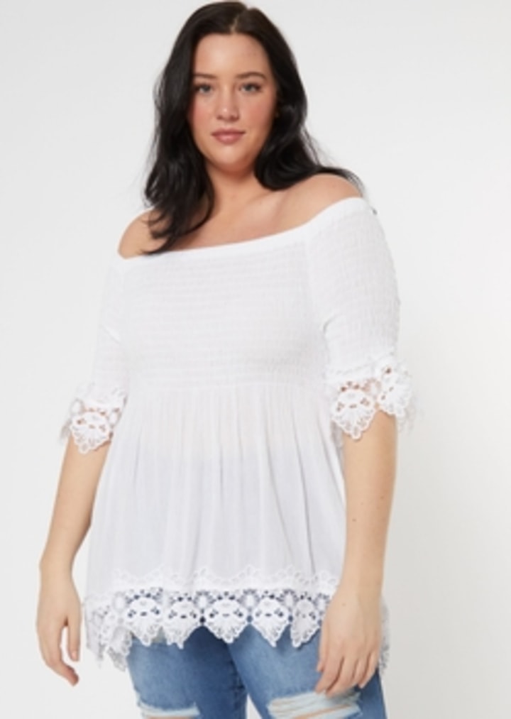 Plus White Smocked Off The Shoulder Crochet Top