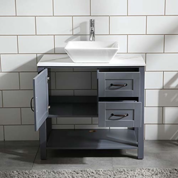 30&quot; Gray Bathroom Vanity and Sink Combo Marble Pattern Top w/Mirror Faucet&amp;Drain