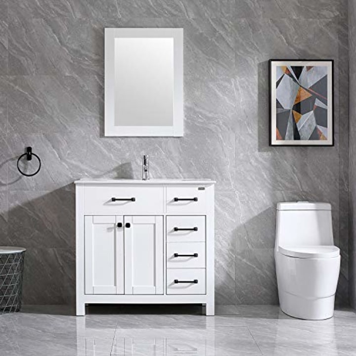 Wonline 36&quot; Bathroom Vanity and Sink Combo Cabinet Undermount Ceramic Vessel Sink Chrome Faucet Drain with Mirror Vanities Set