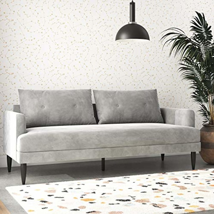Novogratz Bailey Pillowback Sofa, Mid-Century Modern Vintage Living Room Furniture, Light Gray Velvet