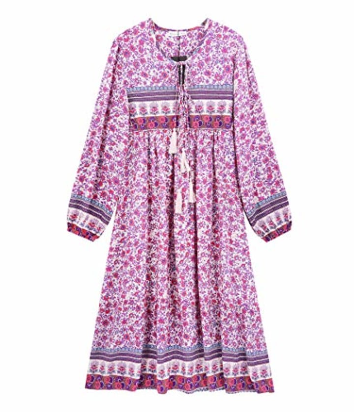 R.Vivimos Women&#039;s Long Sleeve Floral Print Retro V Neck Tassel Bohemian Midi Dresses (XS, PinkPurple)