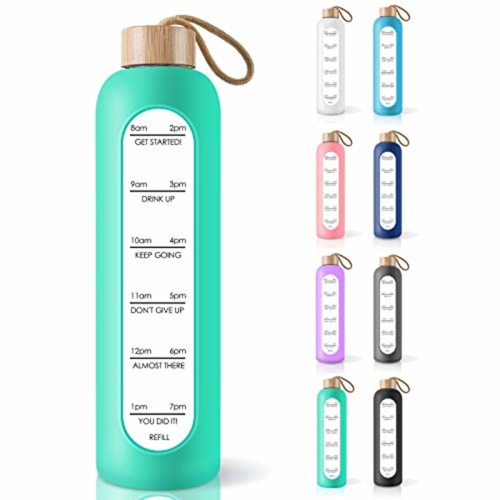 PROBTTL 32 Oz Borosilicate Glass Water Bottle with Time Marker Reminder Quotes, Leak Proof Reusable BPA Free Motivational Water Bottle with Silicone Sleeve and Bamboo Lid