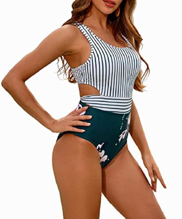 MOLYBELL Women&#039;s Lilies Striped Print One Piece Tank Top Swimsuit Cut Out Zip Up Monokini Swimwear (White, Large)