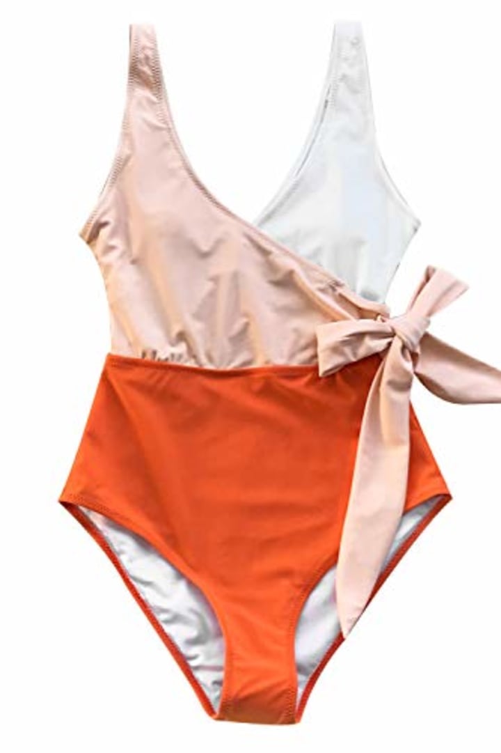 CUPSHE Women&#039;s Orange White Bowknot Bathing Suit Padded One Piece Swimsuit, M
