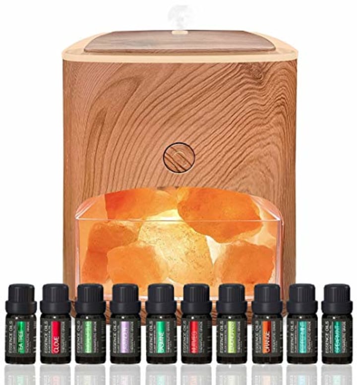 Himalayan Pink Salt Diffuser &amp; 10 Essential Oils - 2-in-1 Therapeutic Device - Aromatherapy &amp; Ionic Himalayan Salt Therapy - 400ml Ultrasonic Vaporizer and Ionizer with Ambient Glow