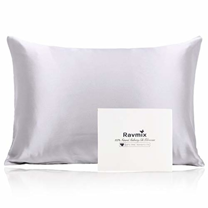 Ravmix 100% Mulberry Silk Pillowcase for Hair and Skin 21Momme with Hidden Zipper, Both Sides Real Natural Silk, Standard Size 20x26inches, 1PCS, Silver Grey