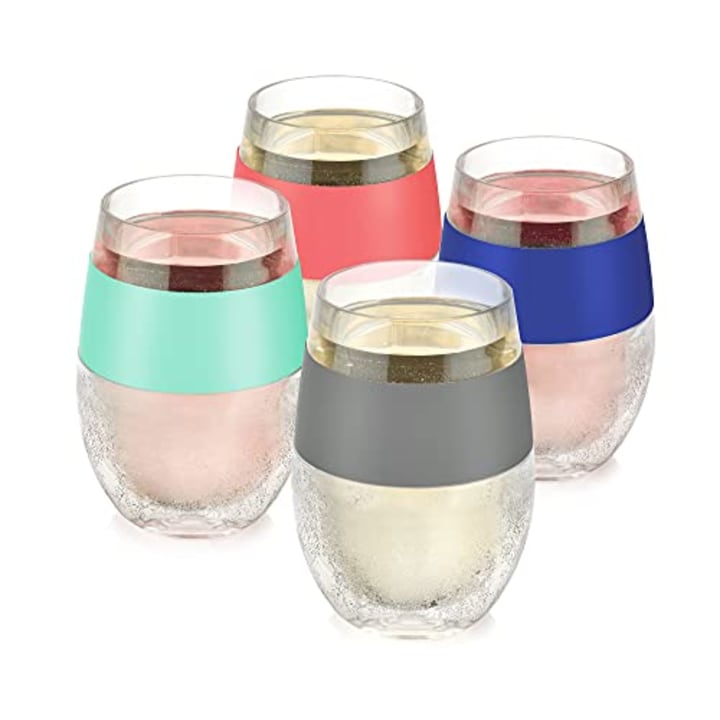 HOST Cooling Cup, Set of 4 Double Wall Insulated Freezable Drink Chilling Tumbler with Freezing Gel, Glasses for Red and White Wine, Assorted Colors