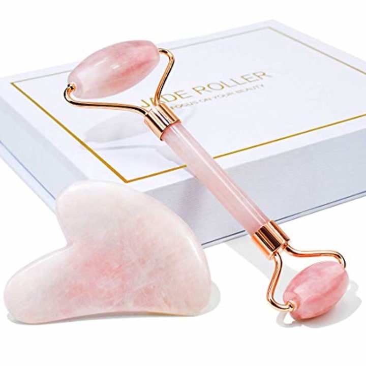 Jade Roller &amp; Gua Sha, Face Roller, Facial Beauty Roller Skin Care Tools, BAIMEI Rose Quartz Massager for Face, Eyes, Neck, Body Muscle Relaxing and Relieve Fine Lines and Wrinkles