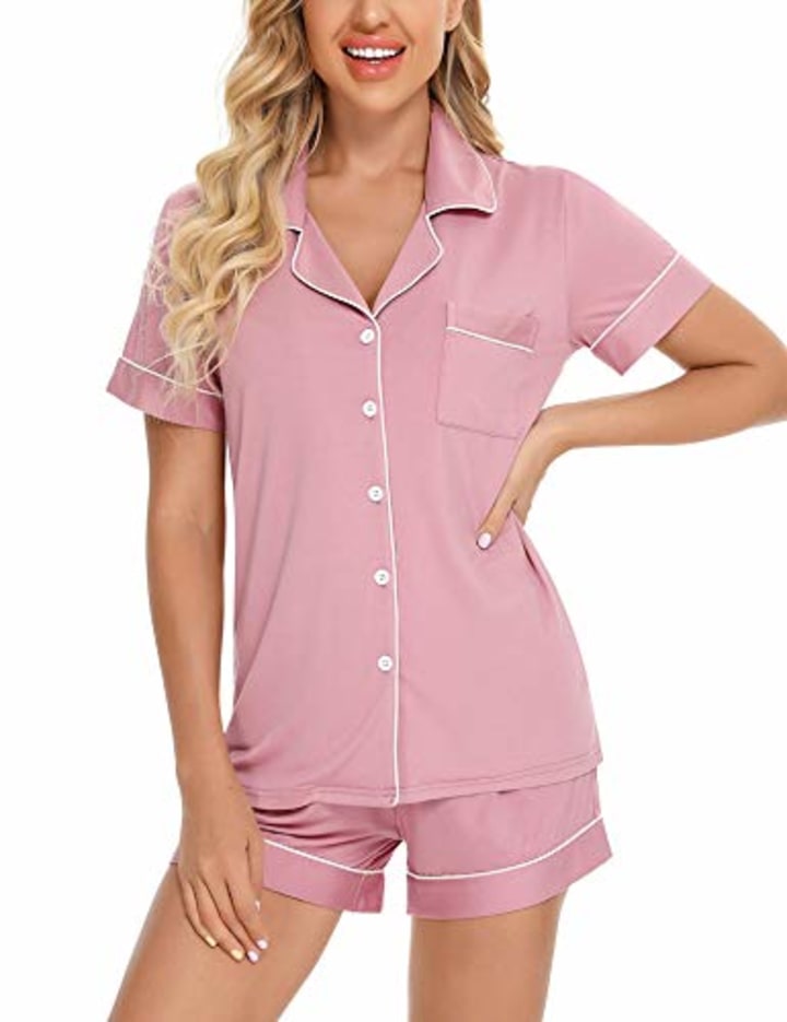 Anjue Women Pajamas Set Short Sleeve Sleepwear Womens Button Down Nightwear PJ Set S-XXL Dusty Rose
