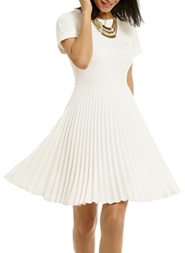 WOOSEA Women&#039;s Elegant Pleated Short Sleeves Cocktail Party Swing Dress White