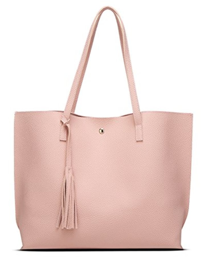 Women&#039;s Soft Faux Leather Tote Shoulder Bag from Dreubea, Big Capacity Tassel Handbag Pink