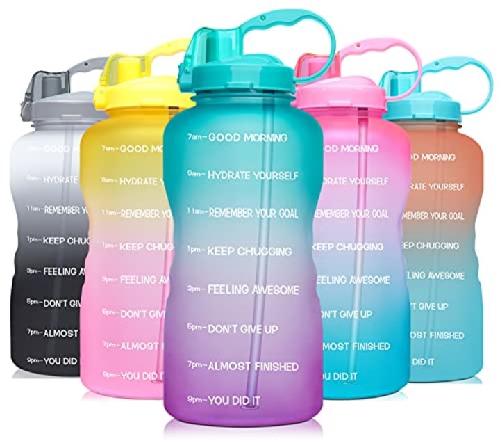 Venture Pal Large 1 Gallon/128 OZ (When Full) Motivational BPA Free Leakproof Water Bottle with Straw &amp; Time Marker Perfect for Fitness Gym Camping Outdoor Sports-Green/Purple Gradient