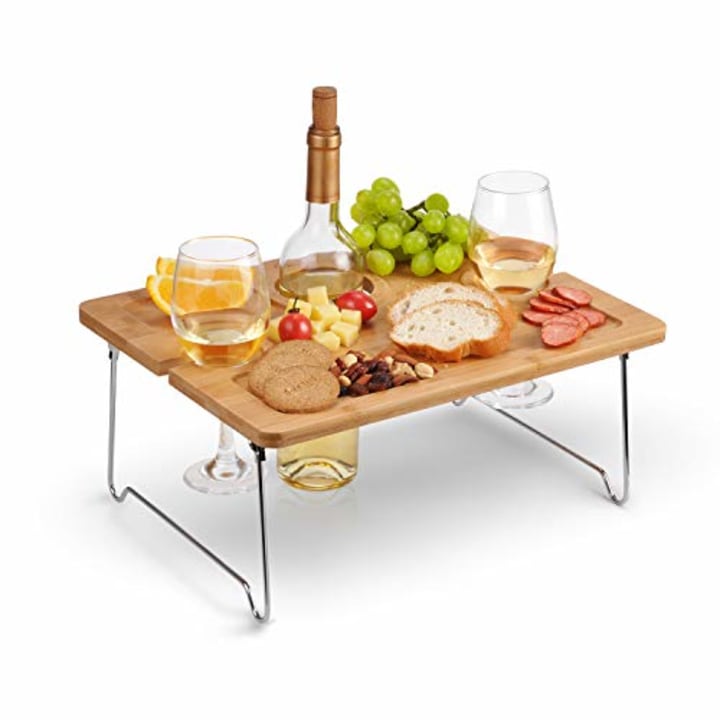 Tirrinia Outdoor Wine Picnic Table, Folding Portable Bamboo Wine Glasses &amp; Bottle, Snack and Cheese Holder Tray for Concerts at Park, Beach, Ideal Wine Lover Gift