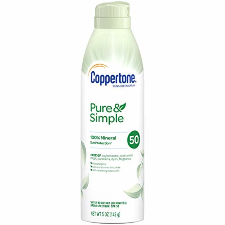 Coppertone Pure Simple Mineral SPF 50 Sunscreen Spray Zinc Oxide Mineral Sunscreen Hypoallergenic, 5 Ounce