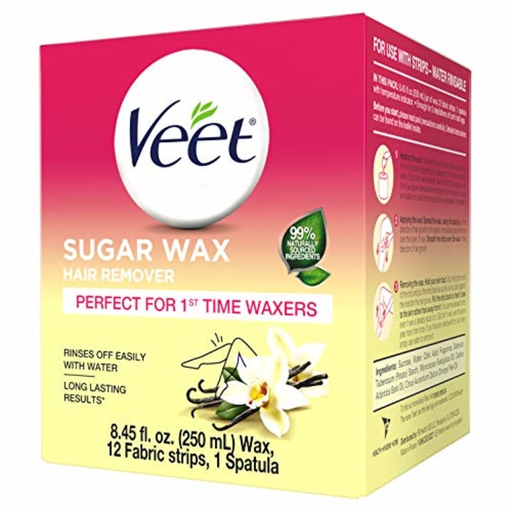 VEET Sugar Wax Hair Remover - Perfect for First Time Waxers - Contains 12 Fabric Strips &amp; 1 Spatula with a Temperature Indicator