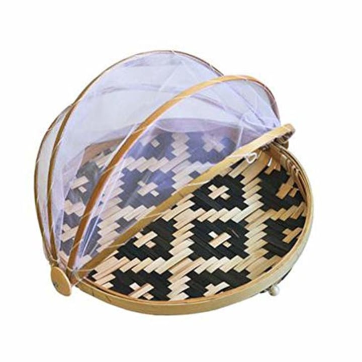 Urnanal Hand-Woven Food Serving Tent Basket, Fruit Vegetable Bread Cover Storage Container Outdoor Picnic Food Cover Mesh Tent Basket with Gauze(Bug- Proof, Dust-Proof)