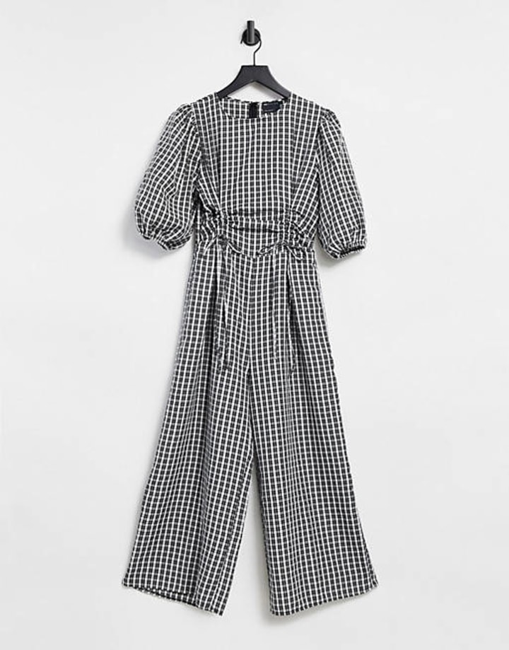 ASOS DESIGN ruched channel puff sleeve cullotte jumpsuit in mono gingham