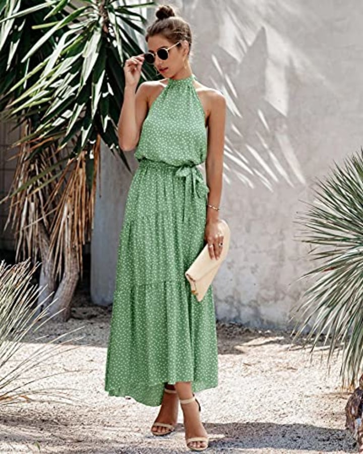 PRETTYGARDEN Women's Casual Halter Neck Sleeveless Floral Long Maxi Dress Backless Loose Ruffle Sundress with Belt Green