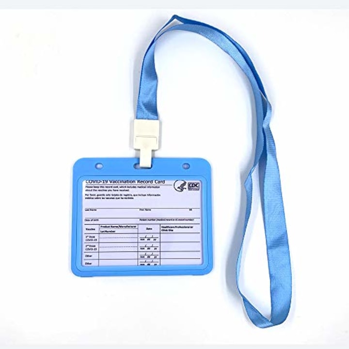 CDC Covid Vaccination Card Protector 4 X 3 Inches with Lanyard Covid Vaccine Card Holder Horizontal Style Transverse Double Side Clear PP Plastic Sleeve Badge Card Holder (Light Blue,1 Pack)