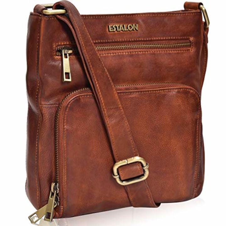 Women Crossbody Bags - Tan Genuine Leather Large Spacious Over the Shoulder Bag