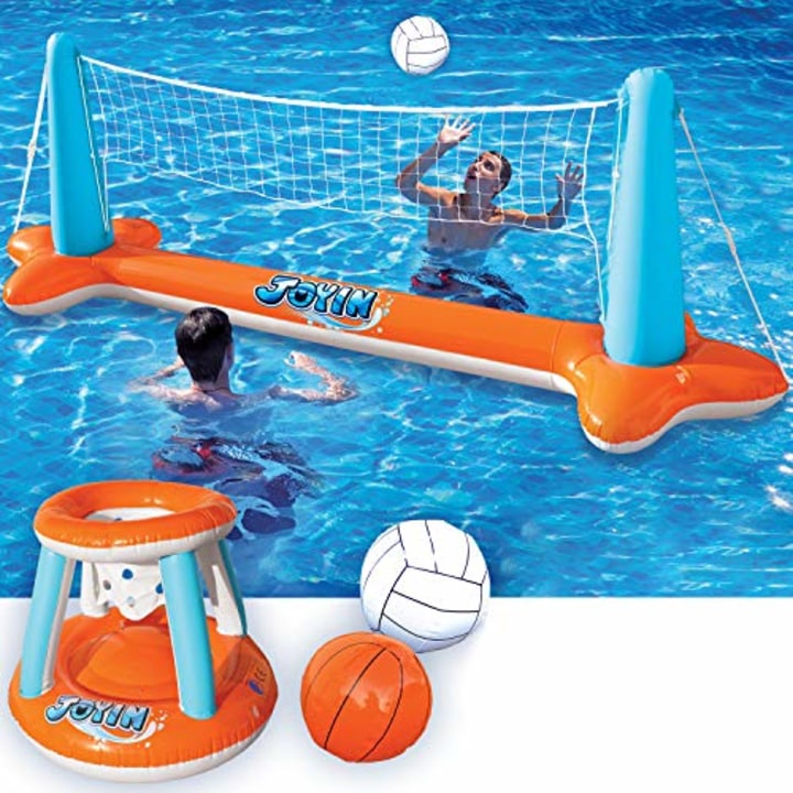 Inflatable Pool Float Set Volleyball Net &amp; Basketball Hoops; Balls Included for Kids and Adults Swimming Game Toy, Floating, Summer Floaties, Volleyball Court (105"x28"x35")|Basketball (27"x23"x27").