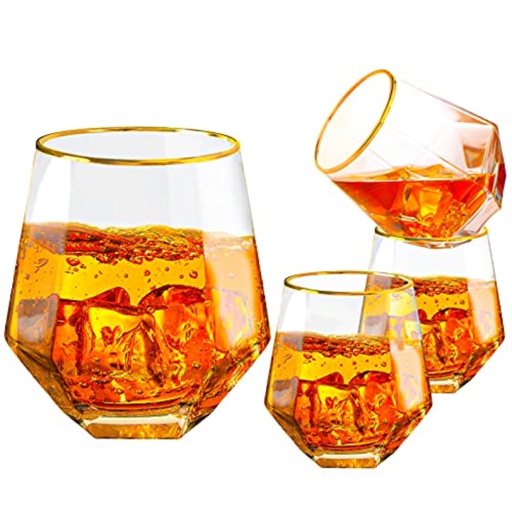 Diamond Whiskey Glasses, Set of 4 Rocks Glasses Gold Banded Cocktail Drinkware for Rum, Scotch, Bourbon or Wine Glasses, Tumblers Old Fashion Elegant Glass Father&#039;s Day Gift for Dad Husband Men Family