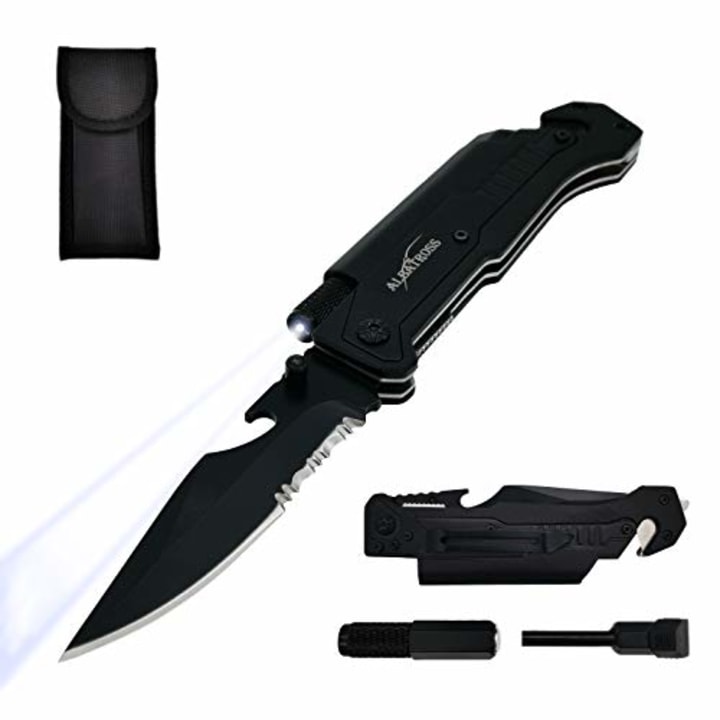 ALBATROSS 6-in-1 Survival Tactical Military Folding Pocket Knives with LED Light,Seatbelt Cutter,Glass Breaker,Magnesium Fire Starter,Bottle Opener;Multi-Function Emergency Tool(Black)