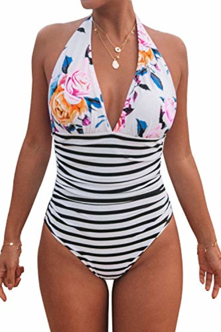 CUPSHE Women&#039;s One Piece Swimsuit V Neck Tummy Control Cross Back Vintage Swimwear Bathing Suits White Stripe Floral, L