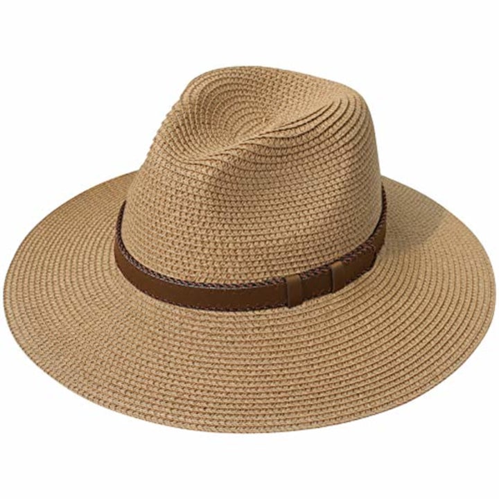 Lanzom Women Wide Brim Straw Panama Roll up Hat Belt Buckle Fedora Beach Sun Hat UPF50+ (X Belt-Brown)