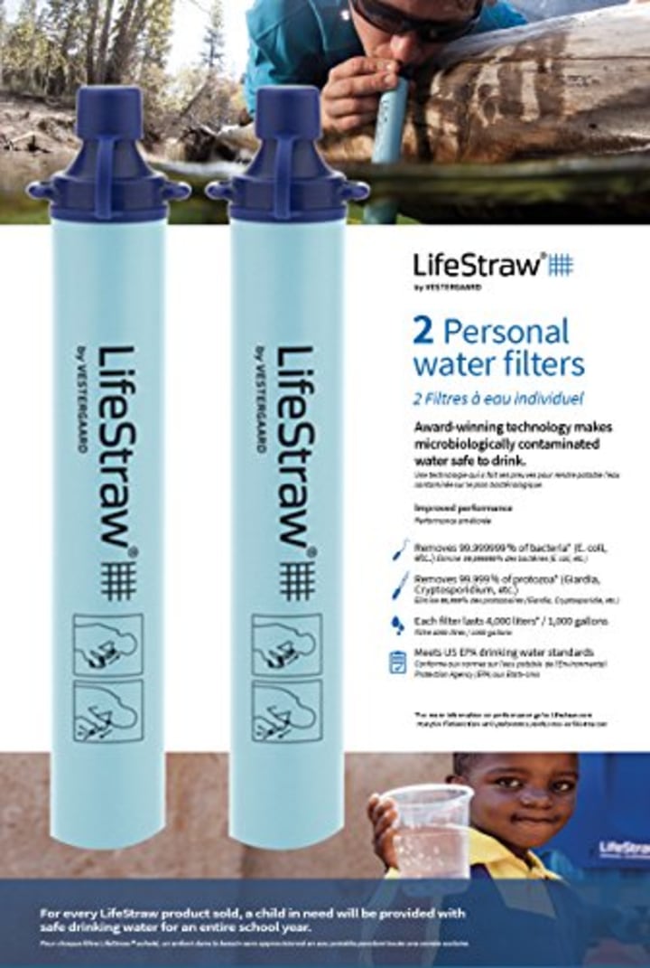 LifeStraw Personal Water Filter for Hiking, Camping, Travel, and Emergency Preparedness, 2 Pack, Blue