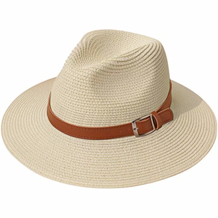 Lanzom Women Wide Brim Straw Panama Roll up Hat Belt Buckle Fedora Beach Sun Hat UPF50+ (X Buckle Belt-Khaki)