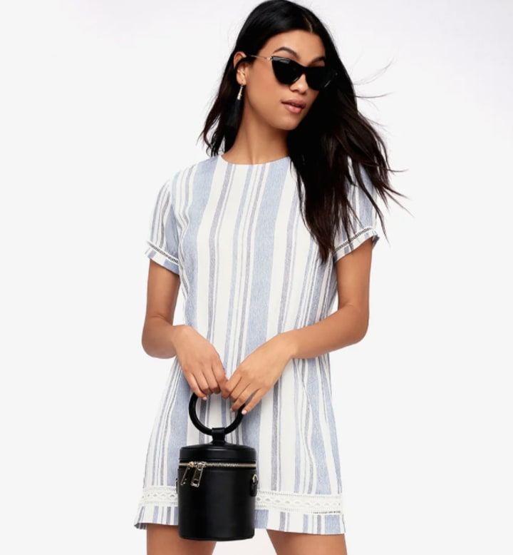 Ardell Blue and White Striped Embroidered Shift Dress