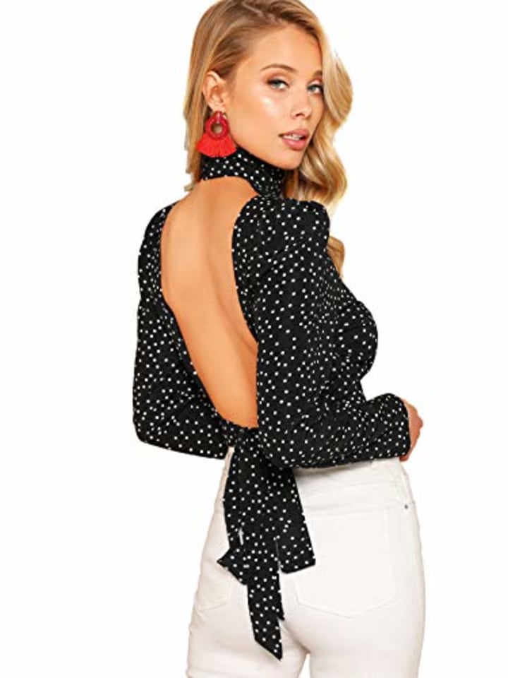 Romwe Women&#039;s Sexy Backless Open Tie Back High Neck Dot Print Party Blouse Top Black Dots M