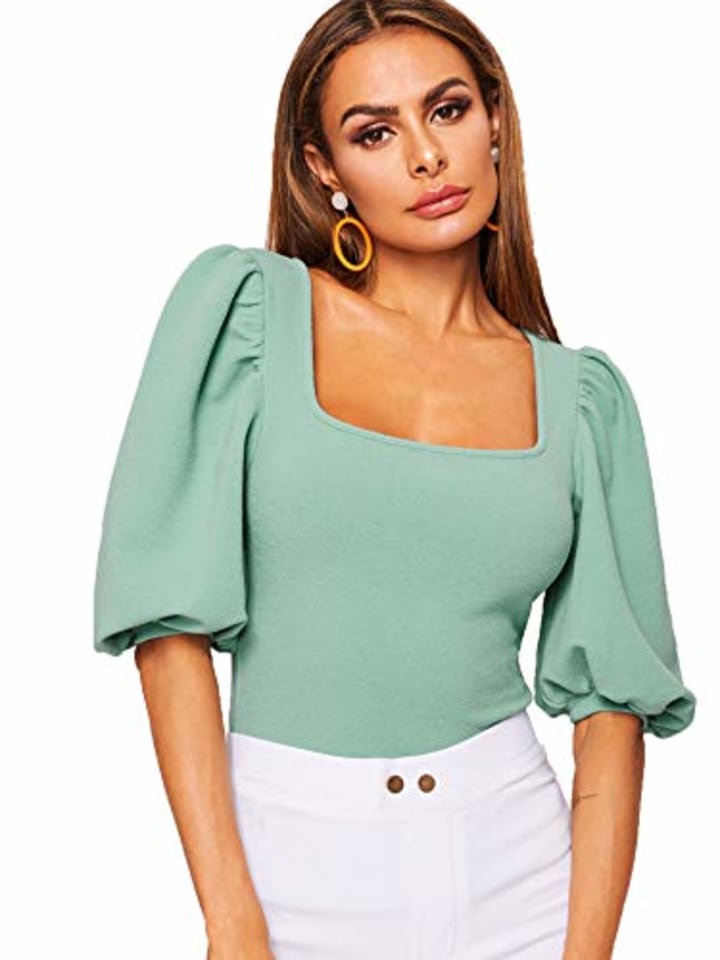 Romwe Women&#039;s Casual Puff Sleeve Square Neck Slim Fit Crop Tee Tops Turquoise US 2/X-Small