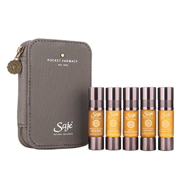 Saje Pocket Farmacy Essential Oil Blend Set, Soothes the Head, Supports the Belly, Stress, Pain, Coughs and Colds 5 (0.2 oz) bottles, 100% Natural