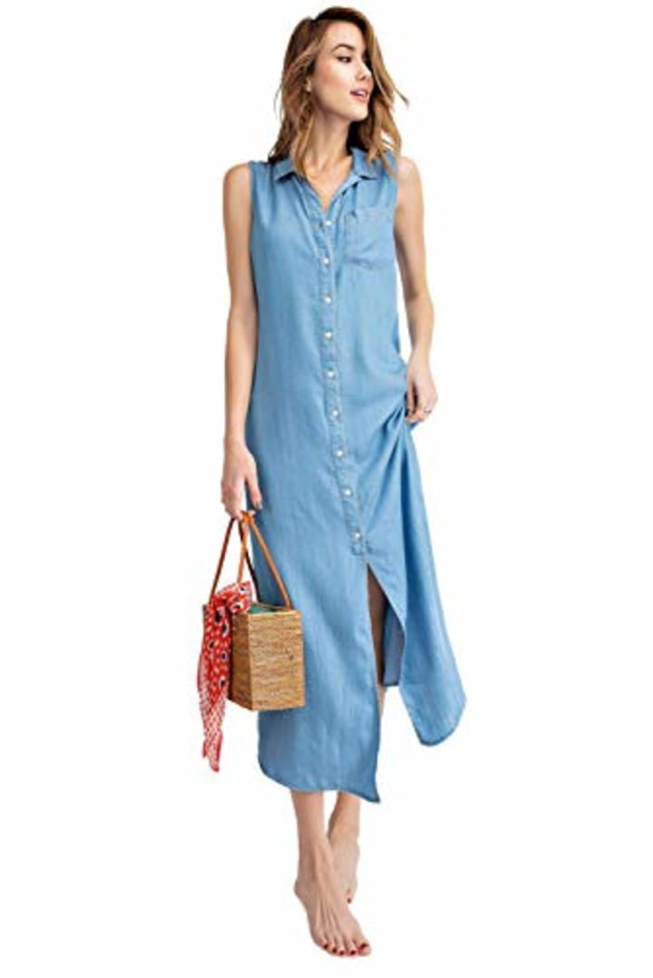 Anna-Kaci Classic Sleeveless Blue Jean Button Down Denim Pocket Collar Shirt Dress, Light Denim, Medium