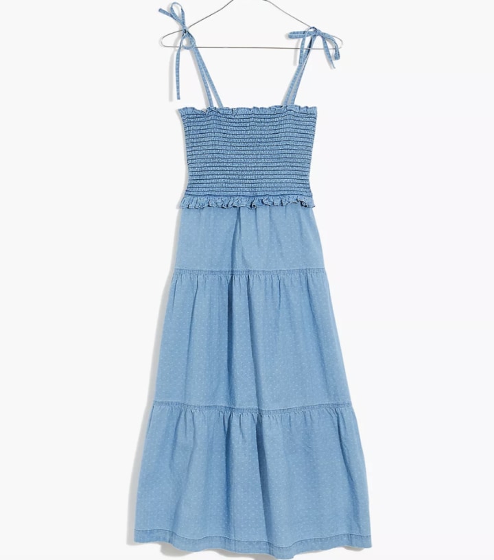 Denim Lucie Tie-Strap Smocked Midi Dress