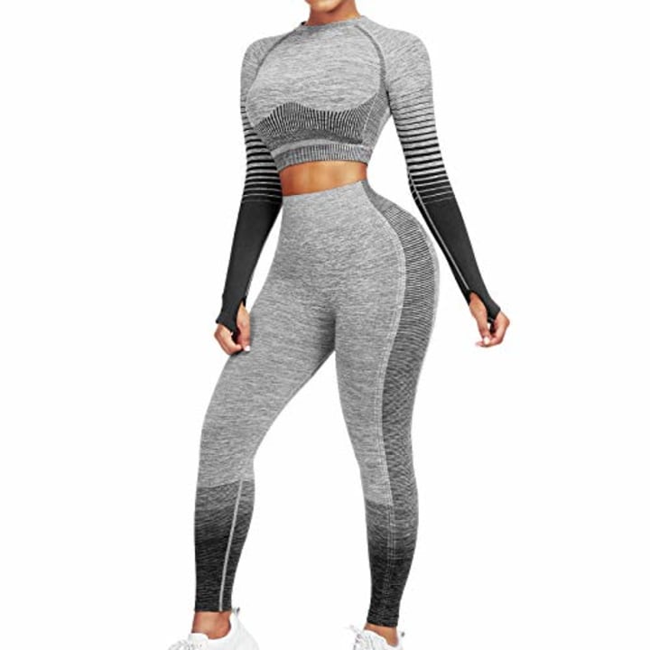 JOYMODE Workout Sets for Women Stripe Crop Top High Waist Butt Lift Leggings Activewear Yoga Outfits